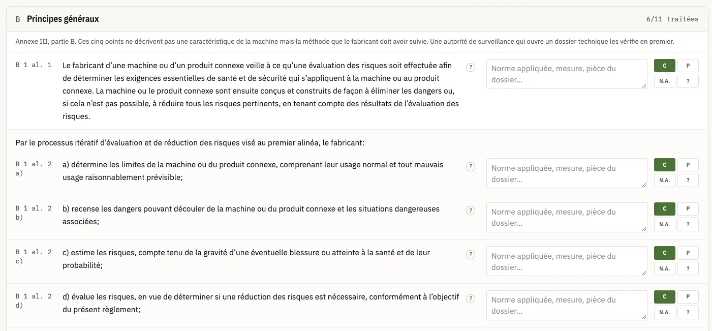 Étape Exigences essentielles : le texte de l’annexe III cité mot pour mot, chaque exigence portant sa preuve
