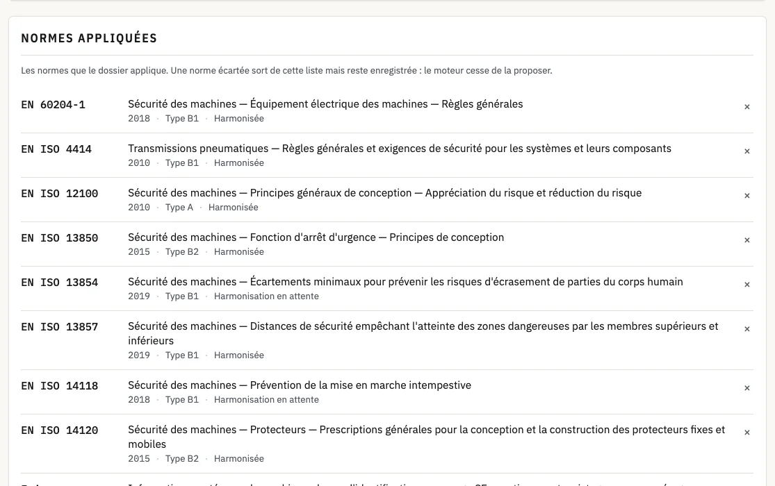 Étape Réglementation et normes : les normes appliquées au dossier, avec leur édition, leur type et leur statut d’harmonisation