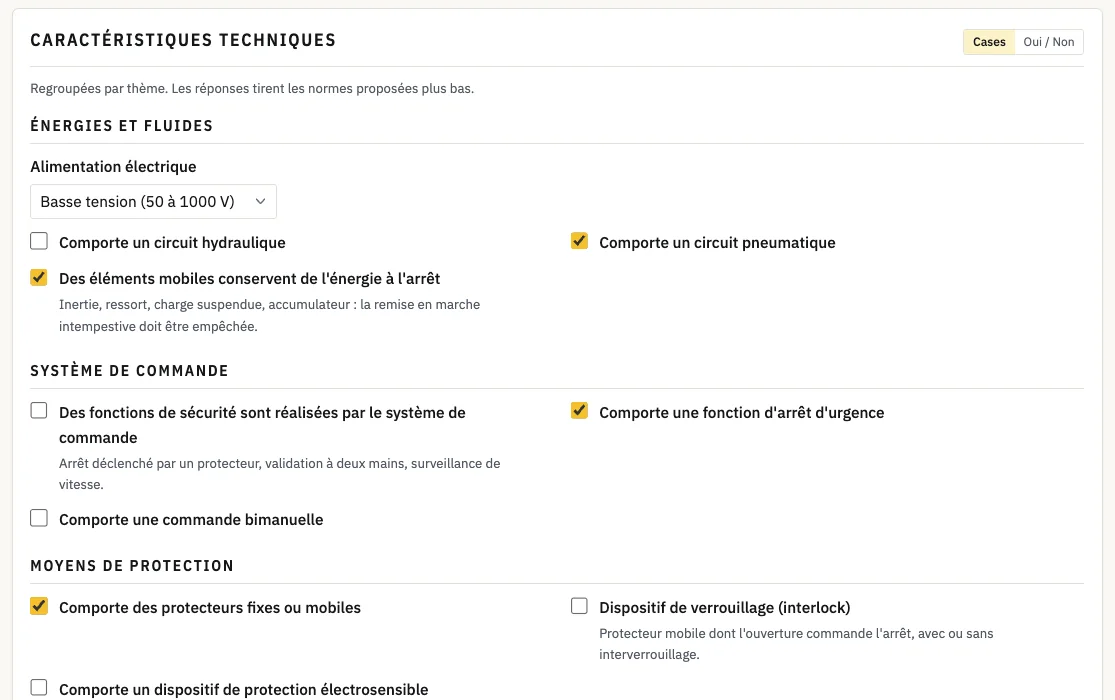 Étape Réglementation et normes : le questionnaire sur les caractéristiques techniques de la machine